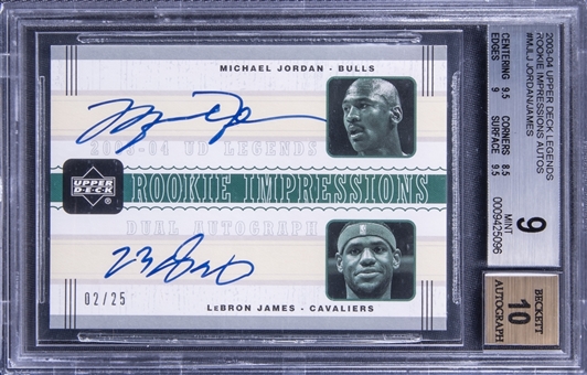 2003-04 Upper Deck Legends "Rookie Impressions Autos" #MJLJ Michael Jordan/LeBron James Dual Autographs Rookie Card (#2/25) - BGS Mint 9/BGS 10